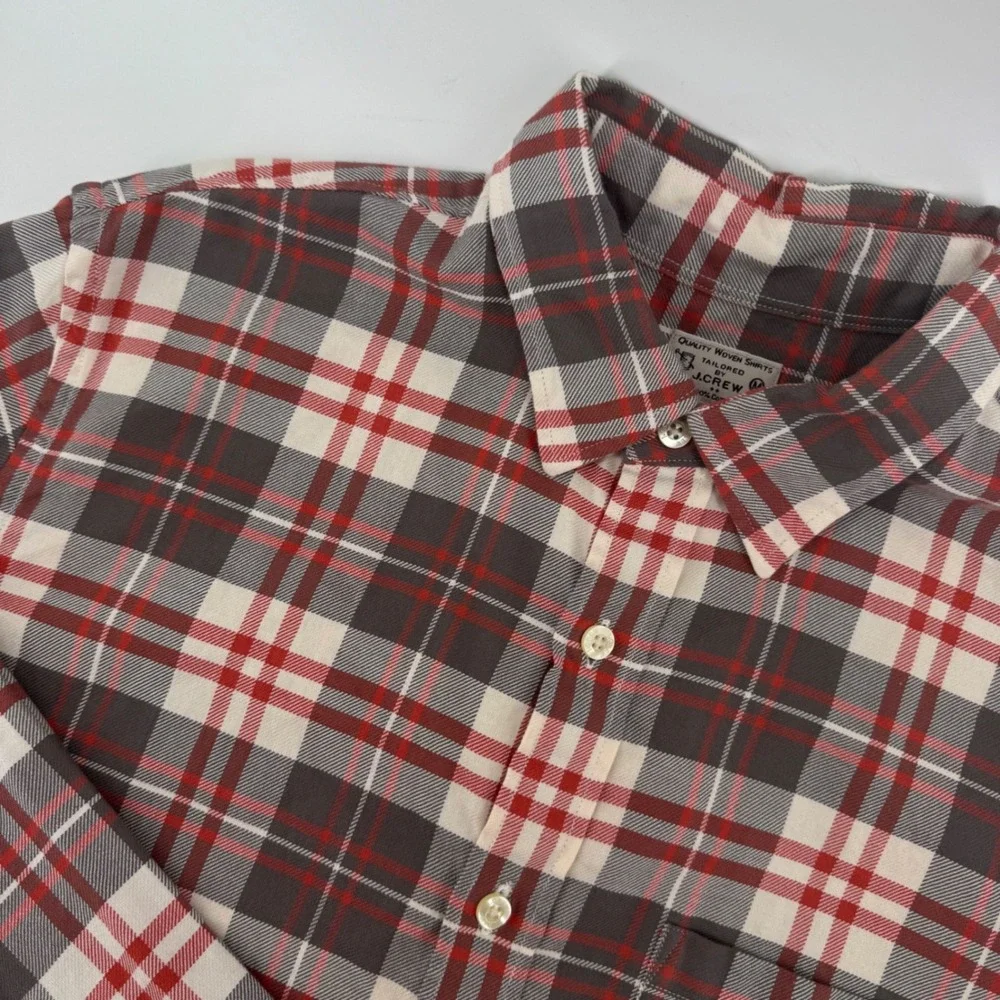 J.Crew Mens Plaid‎ Button Down Shirt Red Gray White Cotton Size M